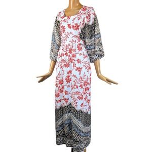 1970s Miss Elaine bohemian cotton sundress. Vintage empire waist flare sleeve